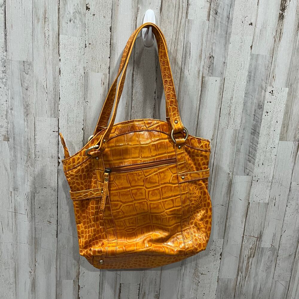 Michael Rome Designs Crocc Embossed Large Orange Leather Pockets Shoulder Bag - Picture 6 of 11